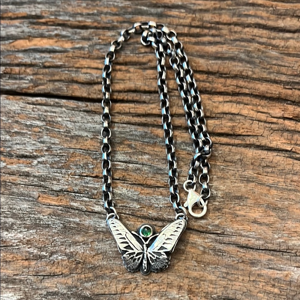 Bearingthorns Green Tourmaline Butterfly Pendant on Chunky Cable Chain
